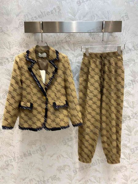 

womens two pieces pants designer joint jacquard fabric two-piece sets fashion logo lapel blazer with webbing and loose pants suits, White