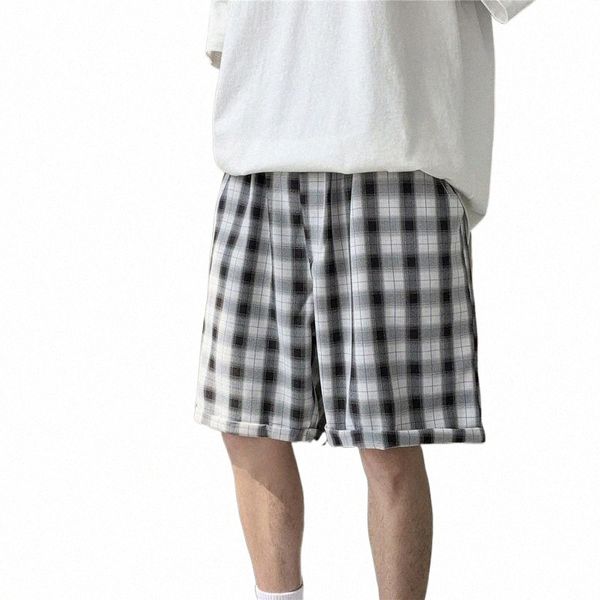 

men's shorts summer grey/black plaid men fashion retro casual streetwear loose straight mens five-point pants m-2xlmen's s9rl#, White;black