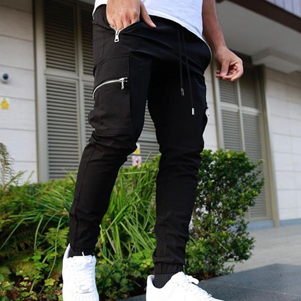 

mens joggers casual cargo pants men fitness sportswear bottoms fashion solid color zipper multi-pocket hip hop streetwear men gyms jogger tr, Black