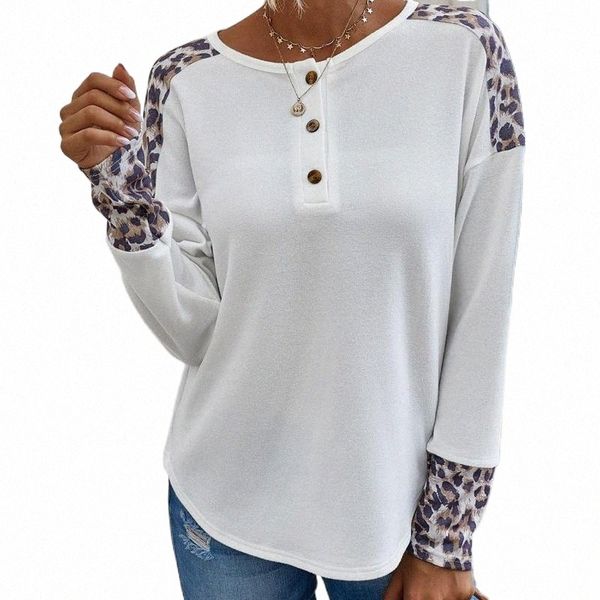 

women's t-shirt 2022 fashion women autumn long sleeve o neck blouse leopard patchwork knitwear b146#, White