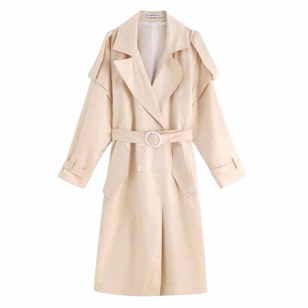 

women's trench coats clazzaa women fashion coat with shiny fabric lapel collar long sleeves belted casual elegant y2k winter female b1w, Tan;black