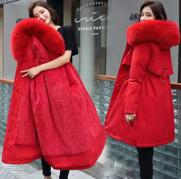 

parkas women hooded winter jacket with fur 2022 korean thicke down cotton clothes female coat mother warm long outwear m-6xl, Black