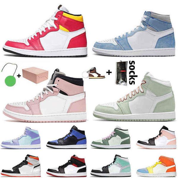 

air jorden 1 with original box jordon 1s basketball shoes jumpman high og jodan retro sneakers mid laser blue pink glaze sports trainer209t