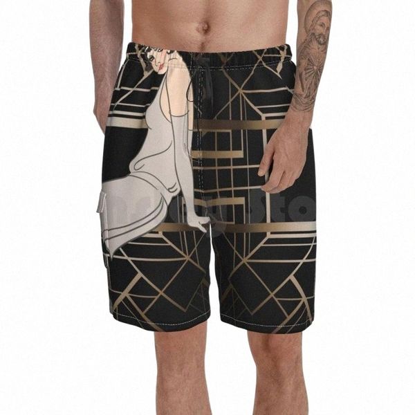 

men's shorts art deco gold black pattern cute flapper girl beautiful chic the great gatsby vintage retro outdoormen's f3cj#, White;black