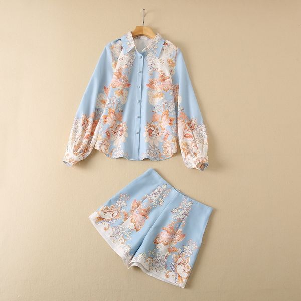 

two piece dress new european and american women's wear for winter 2022 long sleeve floral print blue shirt shorts fashion suits, White