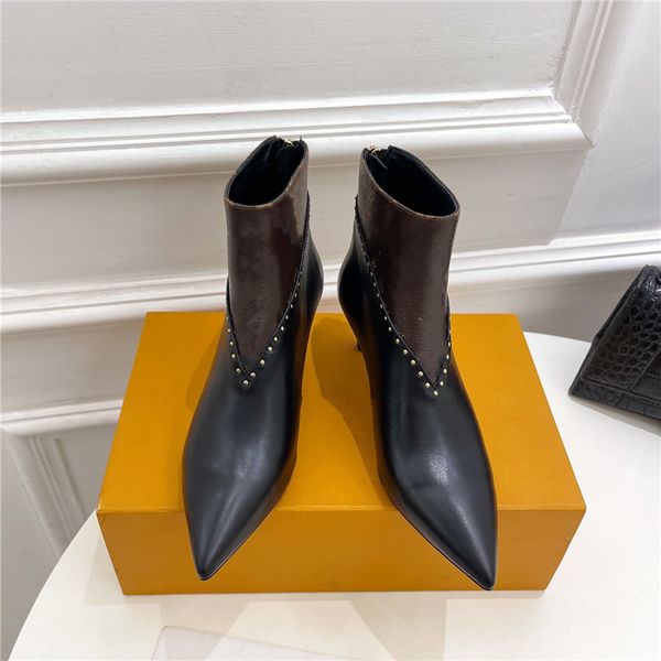 

autumn and winter new pointed old flower ankle boots version rear zipper calfskin high heel boot size 35-41, Black