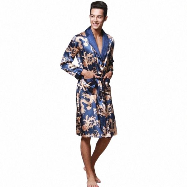 

male chinese style dragon robe bathing home sleep wear silk satin soft embroidery loose v-neck men pajamas nightgown kimono l3tk#, Black;brown