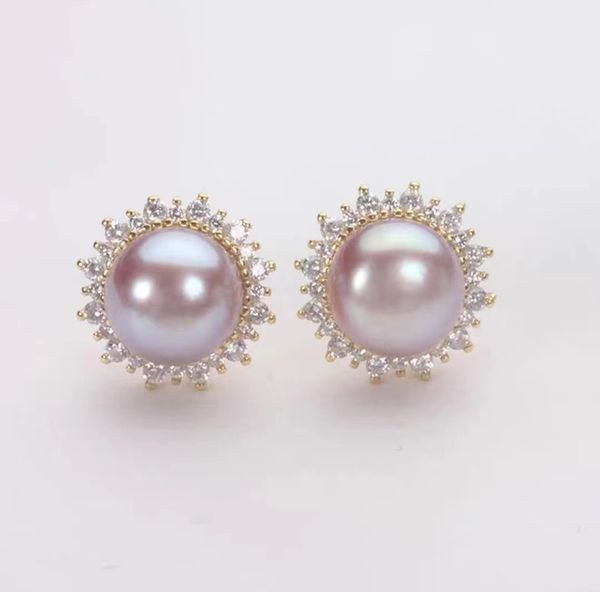 

natural fresh water pearl stud earrings sunflower inlaid cubic zircon diameter 9-10mm s925 silver gold-plated tricolor pearl optional gift f, Golden;silver
