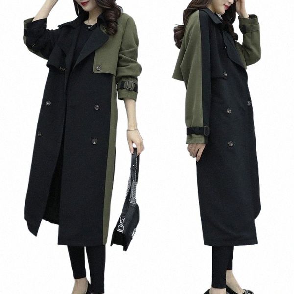 

women's trench coats 2021 autumn winter long vintage patchwork coat army green safari style female windbreaker with belt outwear y5xr#, Tan;black