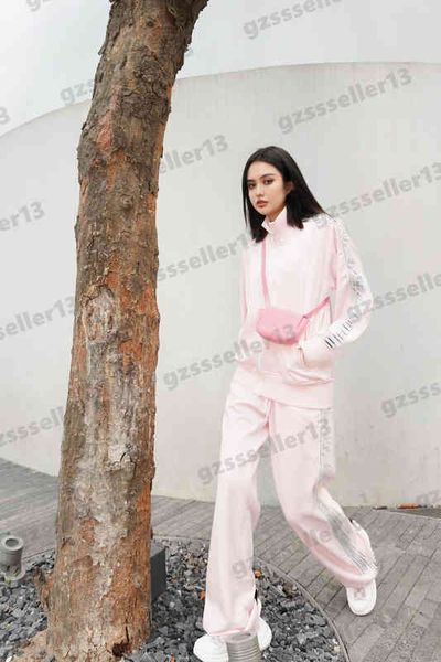 

womens tracksuit jogging suit ribbon stitching design two piece sets fashion brand zip cardigan stand collar jacket and sports pants tracksu, Gray