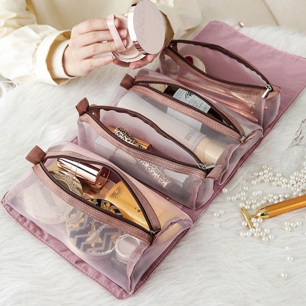 

4pcs in 1 cosmetic bag for women zipper mesh separable cosmetics pouch ladies foldable nylon bag rope makeup bags