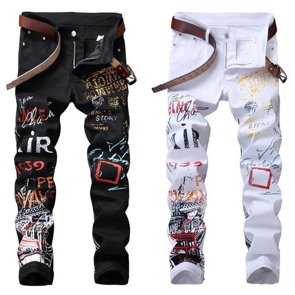 

high street fashion mens jeans night club black white color personal designer printed jeans men punk pants skinny hip hop260z, Blue