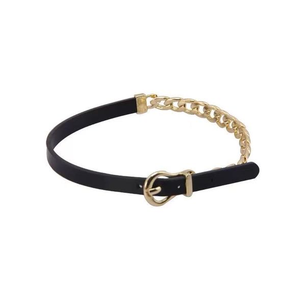 

Two Way Gold Colour Black Leather Stitched Chokers Necklace For Woman Daily Outfit Fashion Jewelry Neo Goth Girl's Sexy Clavicle Chain