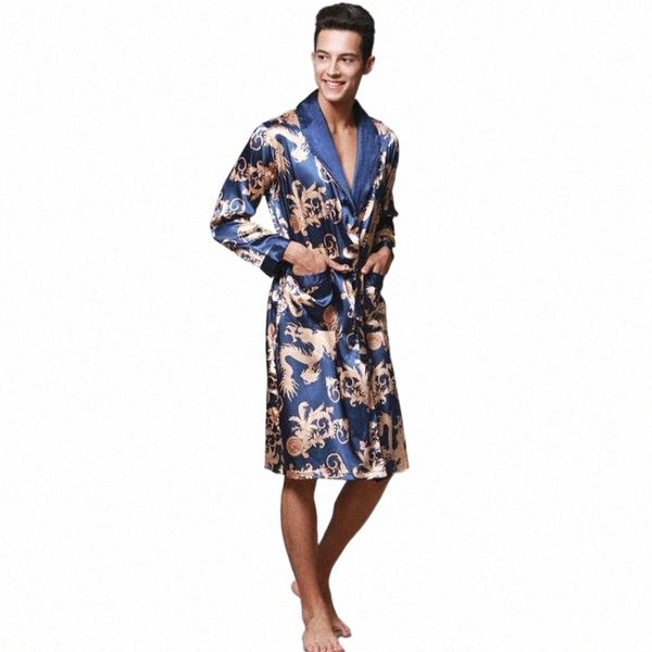 

male chinese style dragon robe bathing home sleep wear silk satin soft embroidery loose v-neck men pajamas nightgown kimono c15z#, Black;brown
