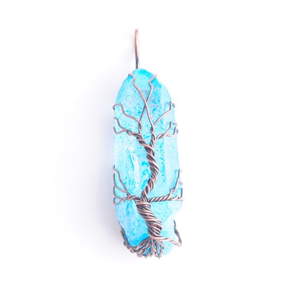 

natural blue crystal pillar pendants handmade antique copper wire wrapped tree of life for necklace jewelry n3749, Silver