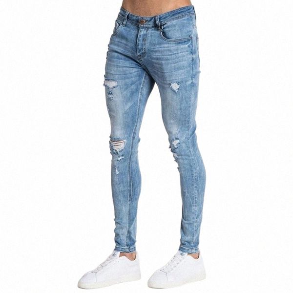 

mens hole skinny jeans 2019 super skinny jeans men ripped stretch denim pants elastic waist big size eu and us 78g2#, Blue