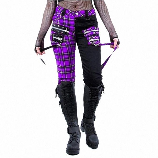 

fashion women trousers gothic punk style low wasit tartan black splicing pants winter autumn mujer pantalones femme pantalon f8vx#, Black;white