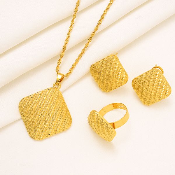 

ethiopian jewelry sets diamond pendant necklaces earrings ring womens square 24k fine gold colour eritrean african bride gifts, Silver