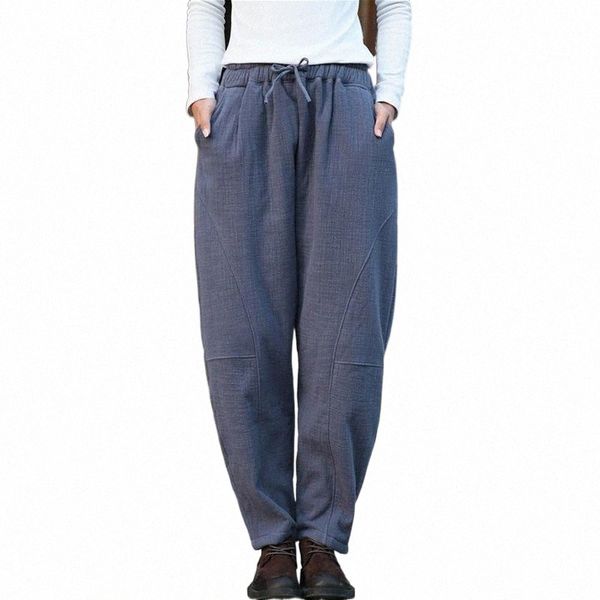 

women's pants & capris johnature women winter fleece warm thick cotton linen trouser elastic waist solid color 2021 vintage patchwork a, Black;white