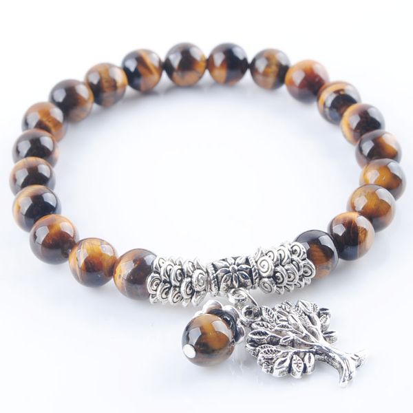 

men bracelets natural healing energy tiger eye stone 8mm round beads stretch bracelet with tree of life pendant charms k3212, Black