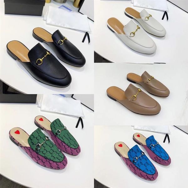 

2022 designer princetown slippers genuine leather mules women loafers metal chain casual shoe lace velvet slipper with box251l, Black