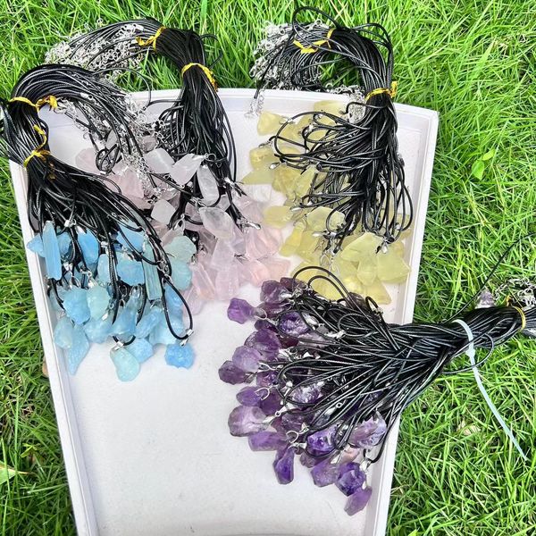 

natural raw ore amethyst stone pendant lemon blue druzy charms leather rope necklace women trendy jewelry factory wholesale, Silver