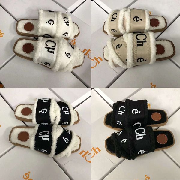 

2022 woody mules women designer slippers slides sandals fur canvas shearling fashion flat white black sail woman beach pantoufle winter slip