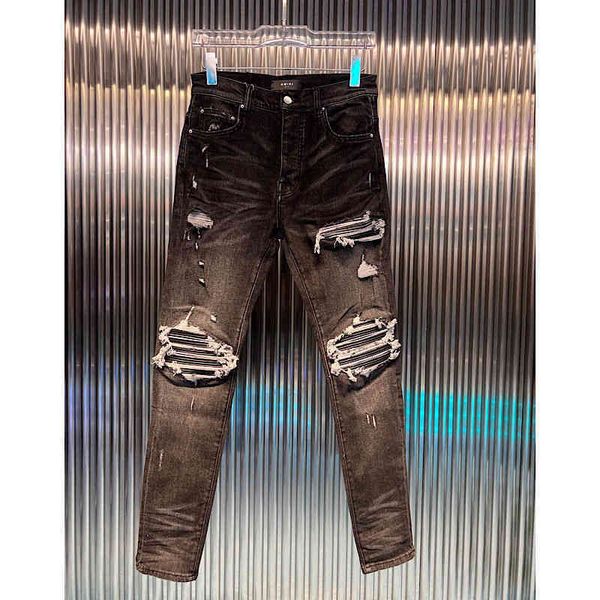 

new european and american high street amirs washed black classic hole patchwork ny slim legged jeans men, Blue