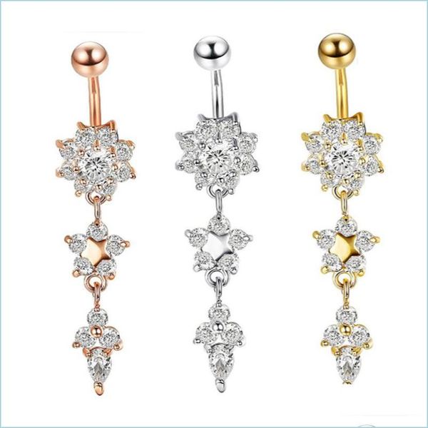 

navel bell button rings indian dangle belly bars button gold rings piercing crystal flower body jewelry navel drop deli dhseller2010 dh9oj, Silver