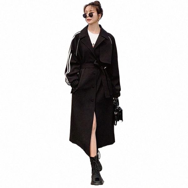 

women's trench coats black windbreaker jacket female spring autumn long loose temperament lapel ladies cloak sports leisure coa b3zr#, Tan;black