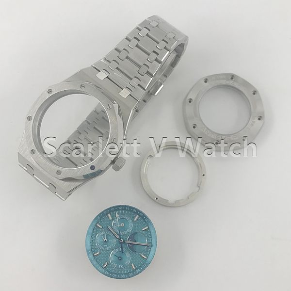 

aps factory men's mechanical watch 41mm complication 26574 ss blue dial bracelet a5134, Slivery;brown