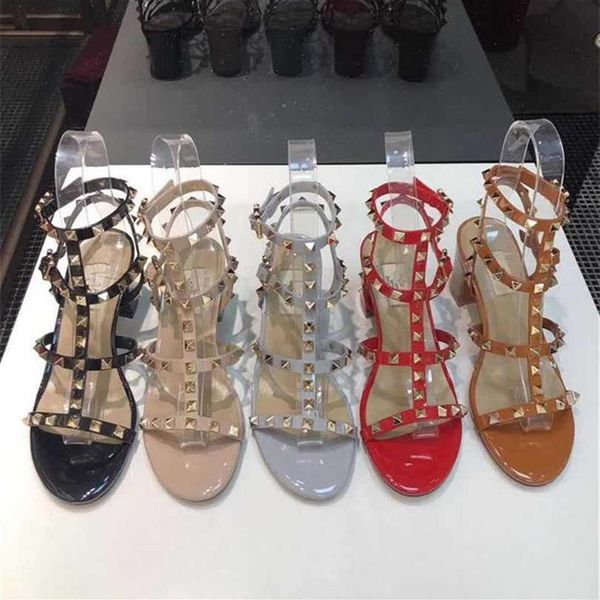 

designer sandals high heels shoes women sandals wedding shoe rock stud calfskin leather summer lady dress party barefoot2722301z2222, Black