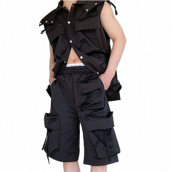

men's shorts summer men functional fashion 3d pocket patch loose casual cargo male japanese streetwear dark black short pant overallsme, White;black