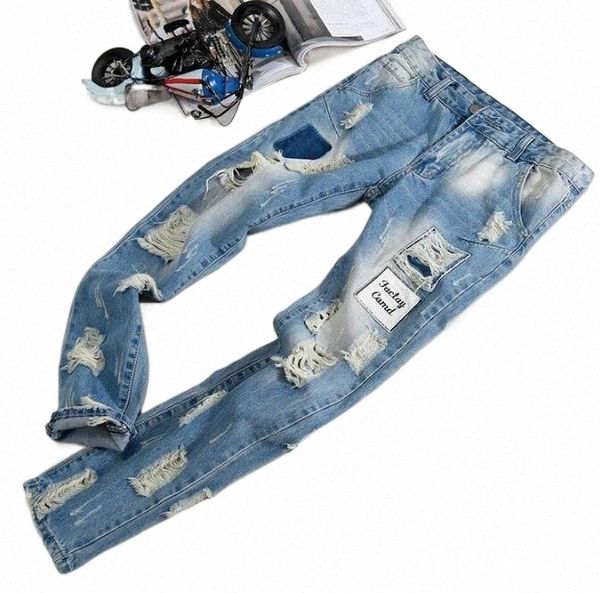 

men's jeans man light blue straight ripped patchwork holes slim fit long trousers men clothing1 u5fc#