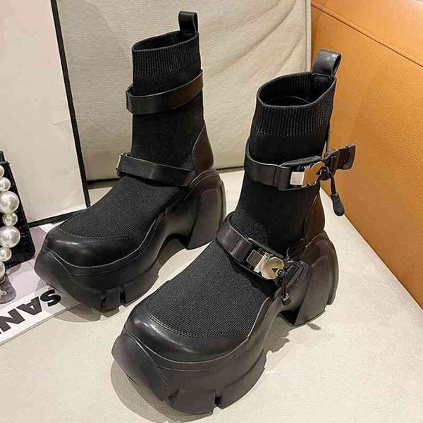 

boots dress shoes woman 2022 new ladies casual stretch socks fashion platform ytmtloy round toe buckle strap botines de mujer 1, Black