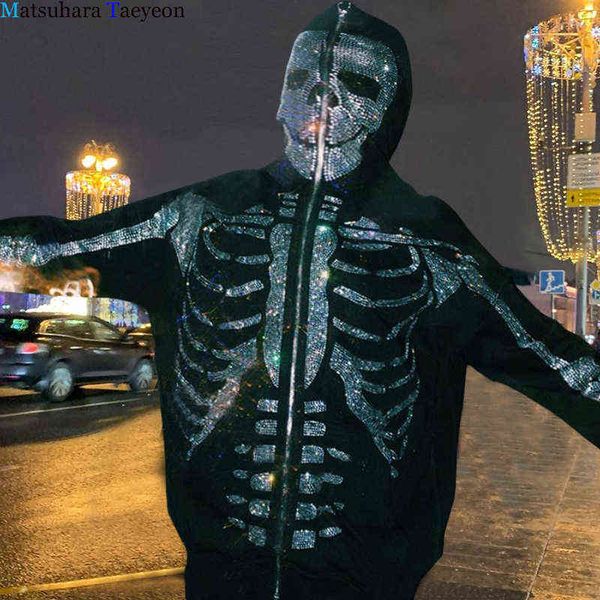 

men's hoodies sweatshirts rhinestone hoodie skeleton black hoodies zip up y2k sweatshirt sport coat pullover gothic long sleeve graphic