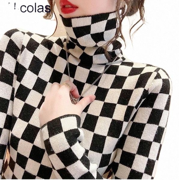 

women's vests high neck bottomed shirt autumn and winter foreign style 2021 thickened slim fit checkerboard sweater with k3qk#, Black;white