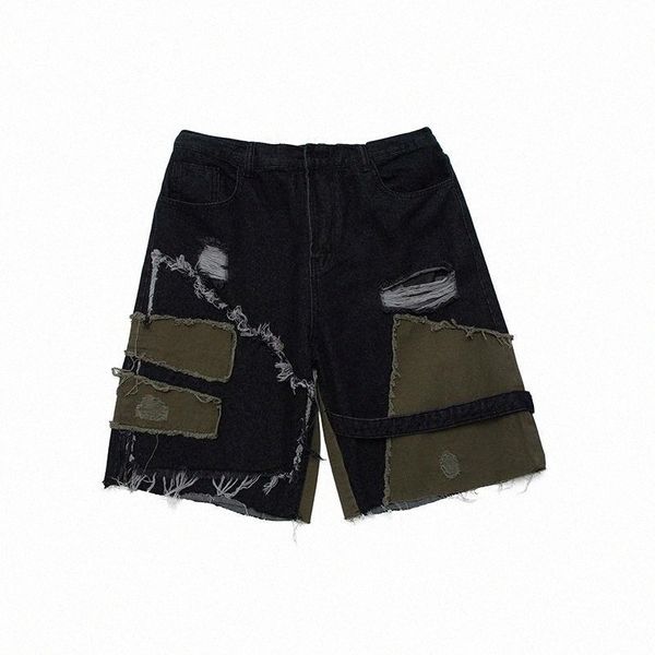 

men's shorts retro patchwork distressed washed pockets hole mens summer jeans straight oversized loose hip hop denim knee length pantsm, White;black