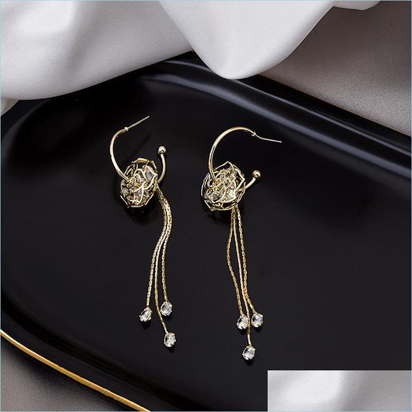 

dangle chandelier needle earrings zircon hollow rose tassel european and american personality long c-shaped earring st dhseller2010 dhfph, Silver
