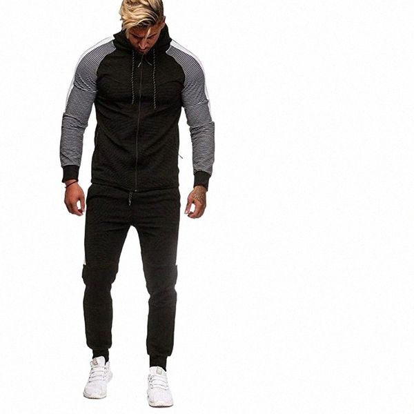 

men's tracksuits male casual sweatshirt mens tracksuit spring autumn striped stitching hooded fashion pants 2 piece set jogger suits fo, Gray
