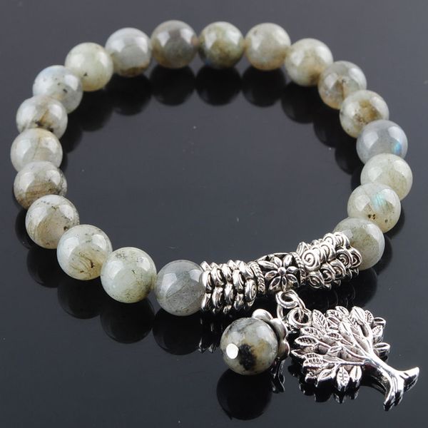 

8mm labradoirte stone beads bracelet with tree of life pendant charms strand bracelets for women female k3217, Black