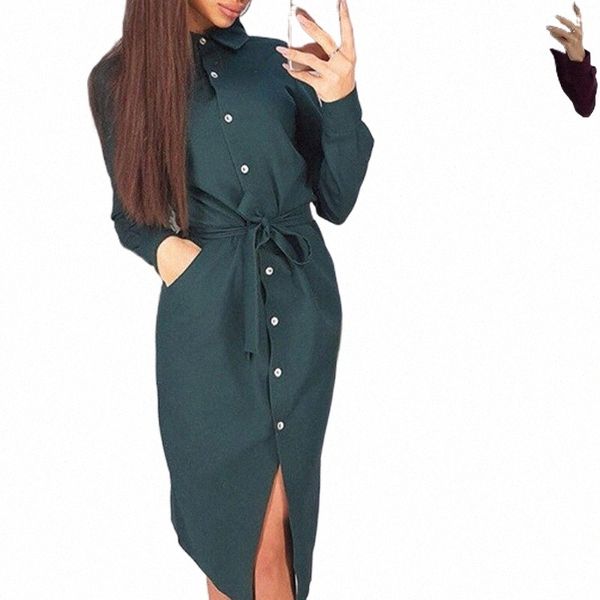 

casual dresses woman clothing women long sleeve turn down collar belt single-breasted knee-length shirt dress 2xl 854p#, Black;gray
