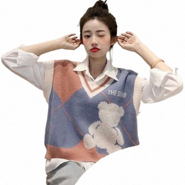 

women's vests funny cartoon hit color bear knit sweater vest sweet cute v neck sleeveless sweaters tide all match loose pullover u8nr#, Black;white