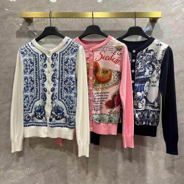 

women's knits & tees designer blue and white porcelain series splicing printing long sleeved knitwear women's small fragrant thin