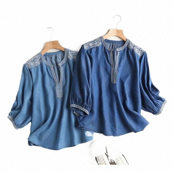 

women's blouses & shirts denim women embroidery shirt blouse v neck long sleeve blue streetwear casual jeans a650#, White