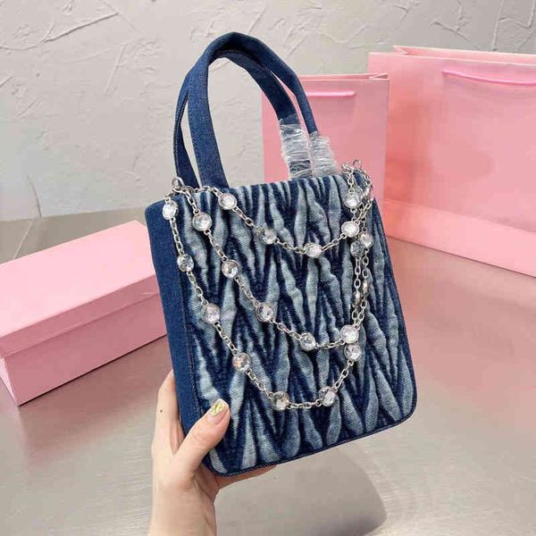 

designer mini tote handbag denim diamond tote bag women wrinkled handbags womens classic large capacity lady shopping bags 220905