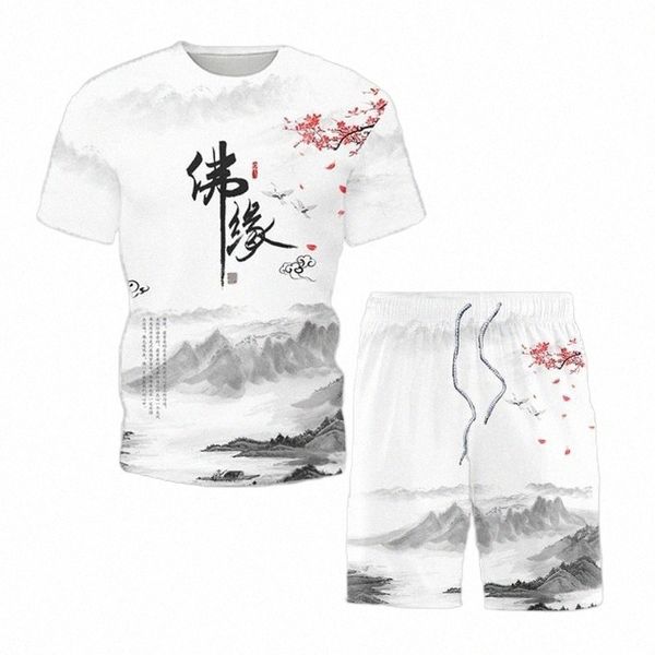 

men's tracksuits chinese style t-shirt and shorts suit literal digital print short sleeve men sets 2022 casual male female fashion clot, Gray