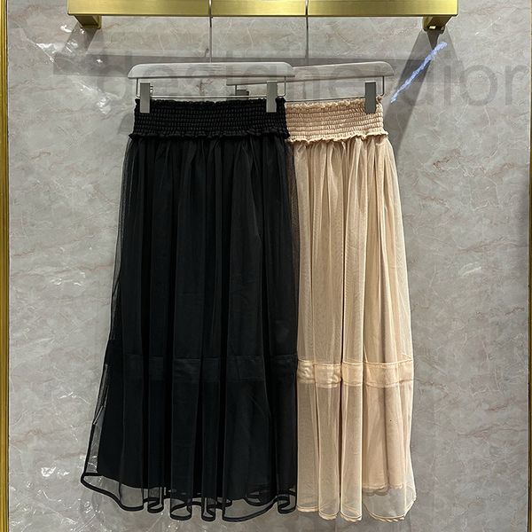

casual dresses designer solid color mesh lace elastic waist skirt for female summer 2022 new korean version high pleated long voae, Black;gray