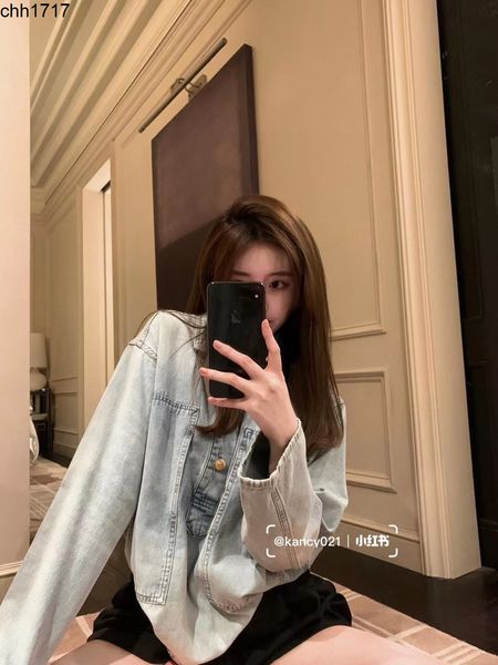 

women jackets ce22 early autumn new fashion premium distressed polo collar pullover loose slim washed denim top, Black;brown