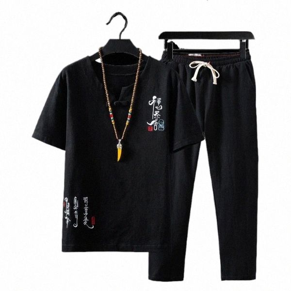 

men's tracksuits 2022 black men cotton and linen t shirt short sleeves ankle-length pants summer mens 2-piece set large size 5xl white, Gray